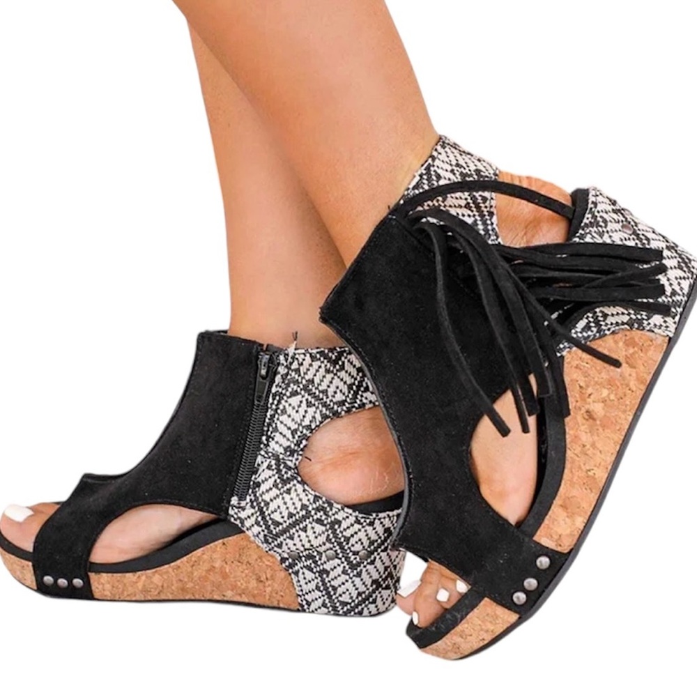 Very G - Tramonte Black Wedges - Women's Size 10 Wedge Heels With Fringe - Black